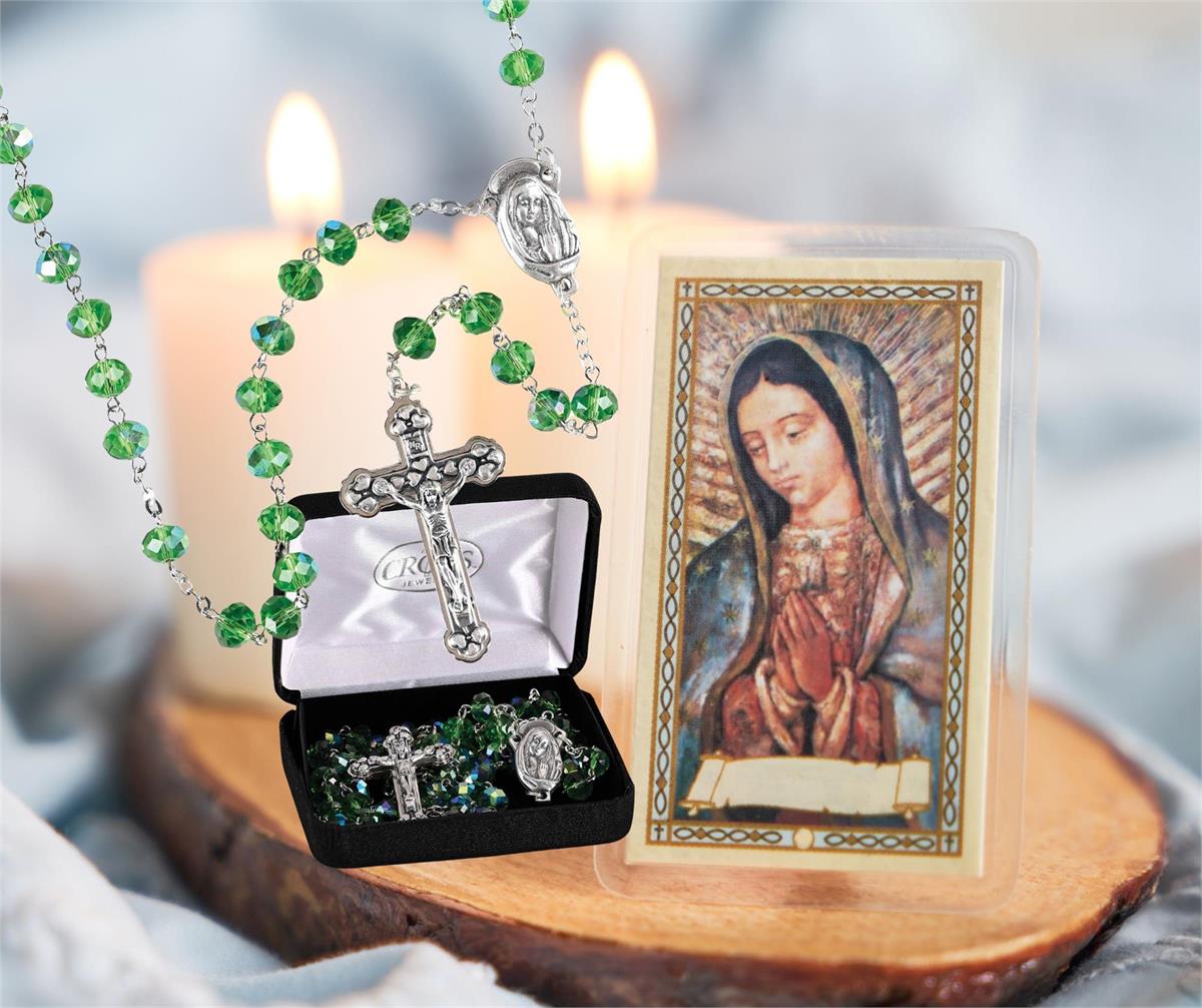 Luminous Green Faceted Glass & Aurora Borealis Bead Rosary Necklace by Dicksons, product view 3