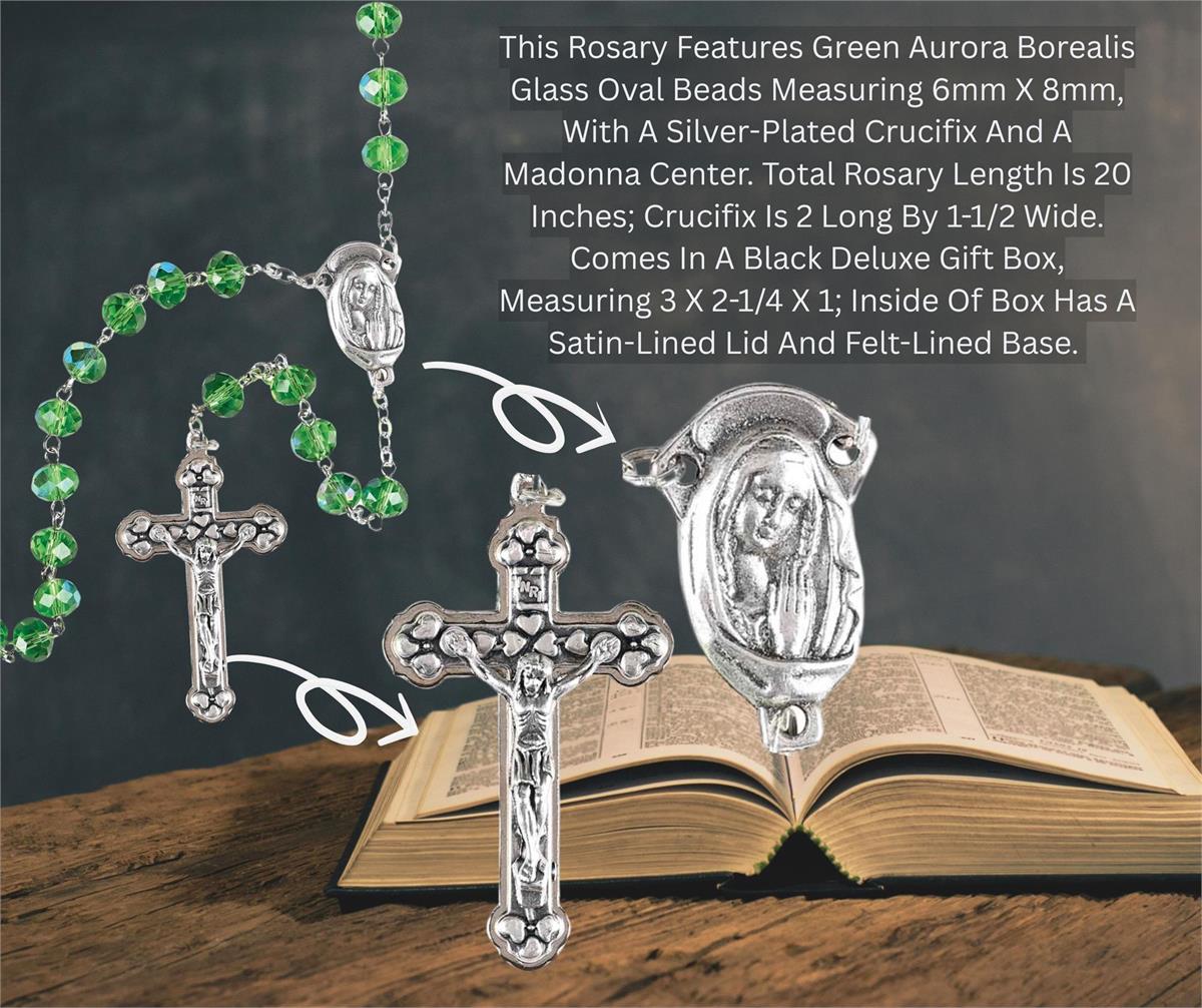 Luminous Green Faceted Glass & Aurora Borealis Bead Rosary Necklace by Dicksons, product view 4