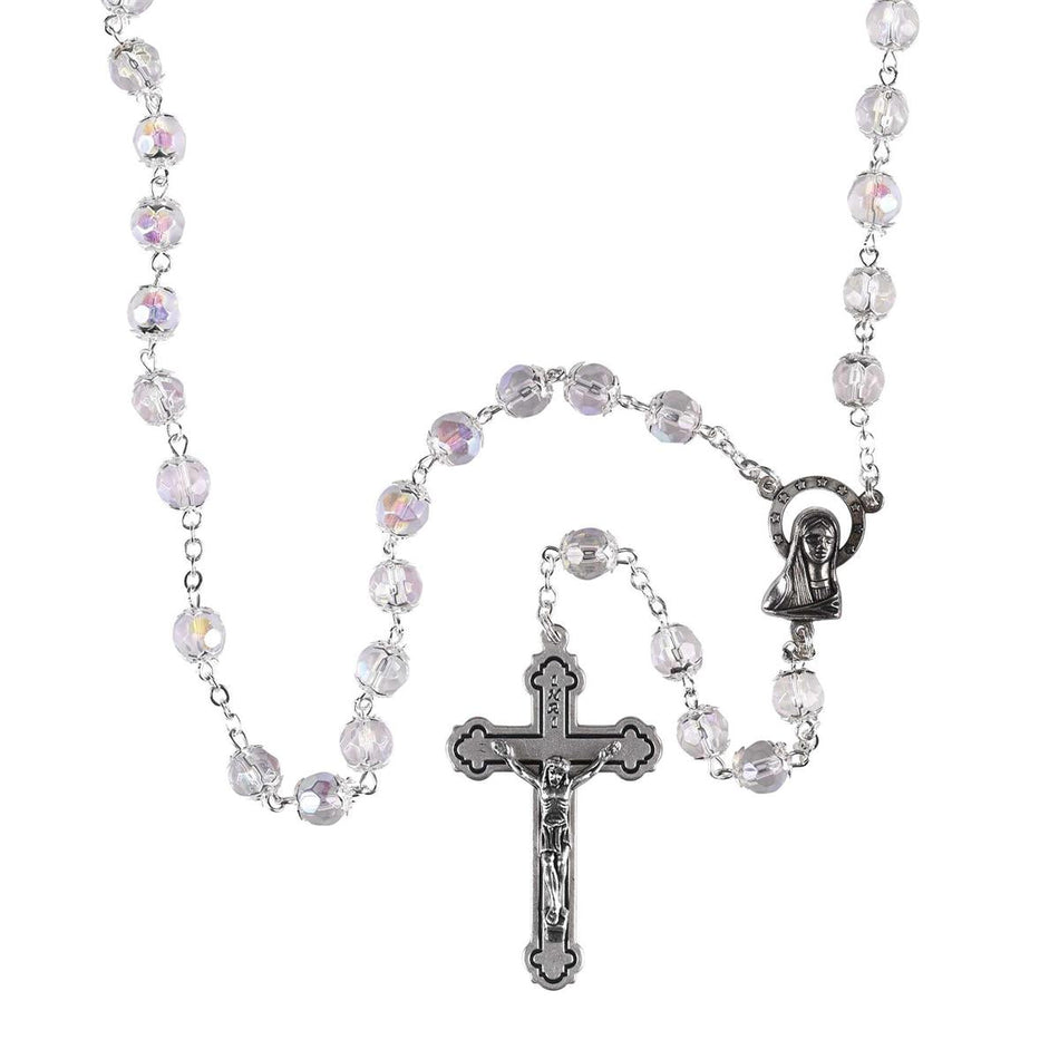 Crystal Faceted Glass & Aurora Borealis Bead Rosary Necklace with Silver-Tone by Dicksons