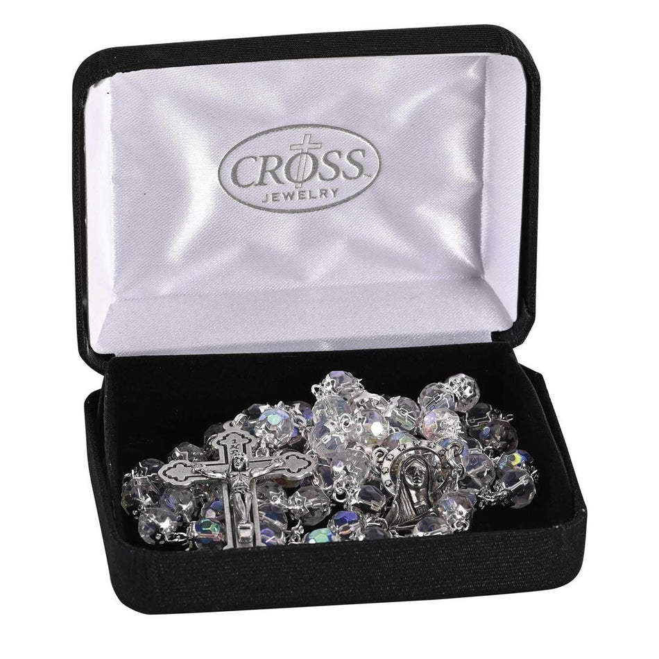 Crystal Faceted Glass & Aurora Borealis Bead Rosary Necklace with Silver-Tone by Dicksons, product view 2