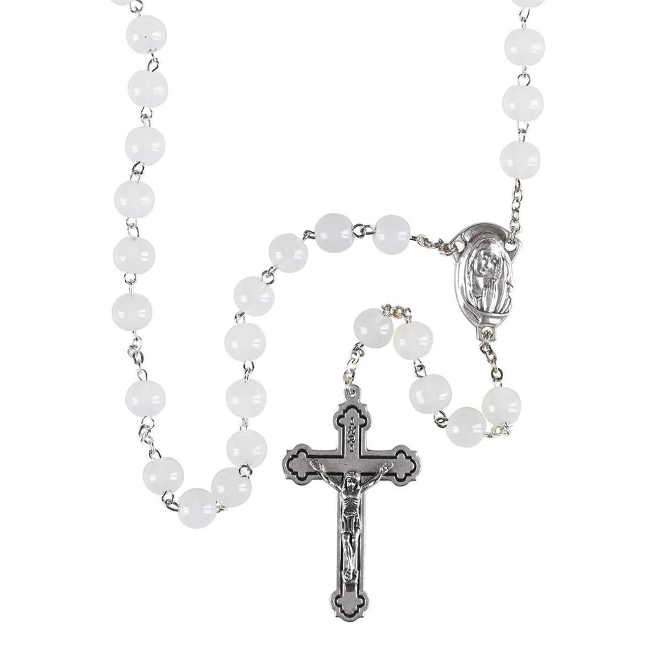 Elegant White Glass Bead Rosary Necklace with Silver Plate Crucifix by Dicksons