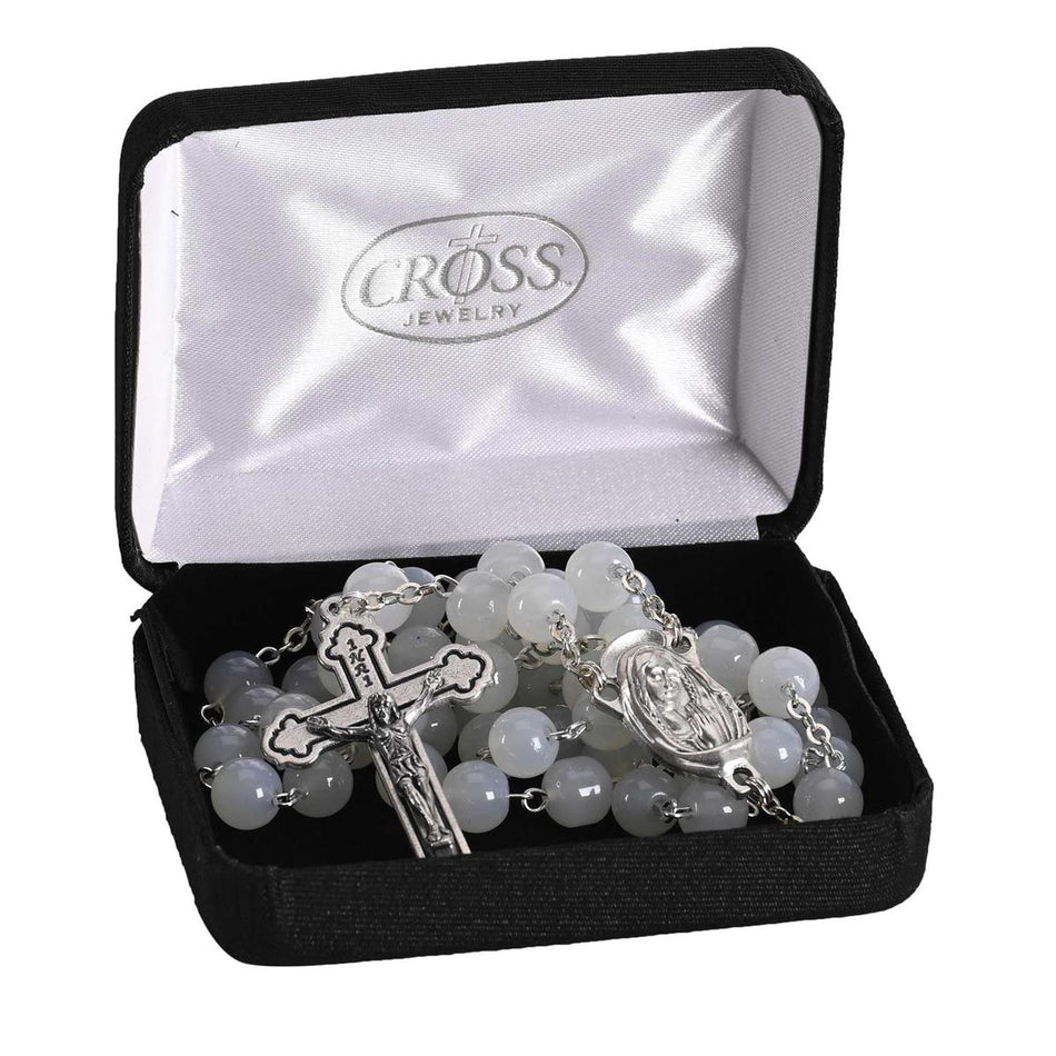 Elegant White Glass Bead Rosary Necklace with Silver Plate Crucifix by Dicksons, product view 2