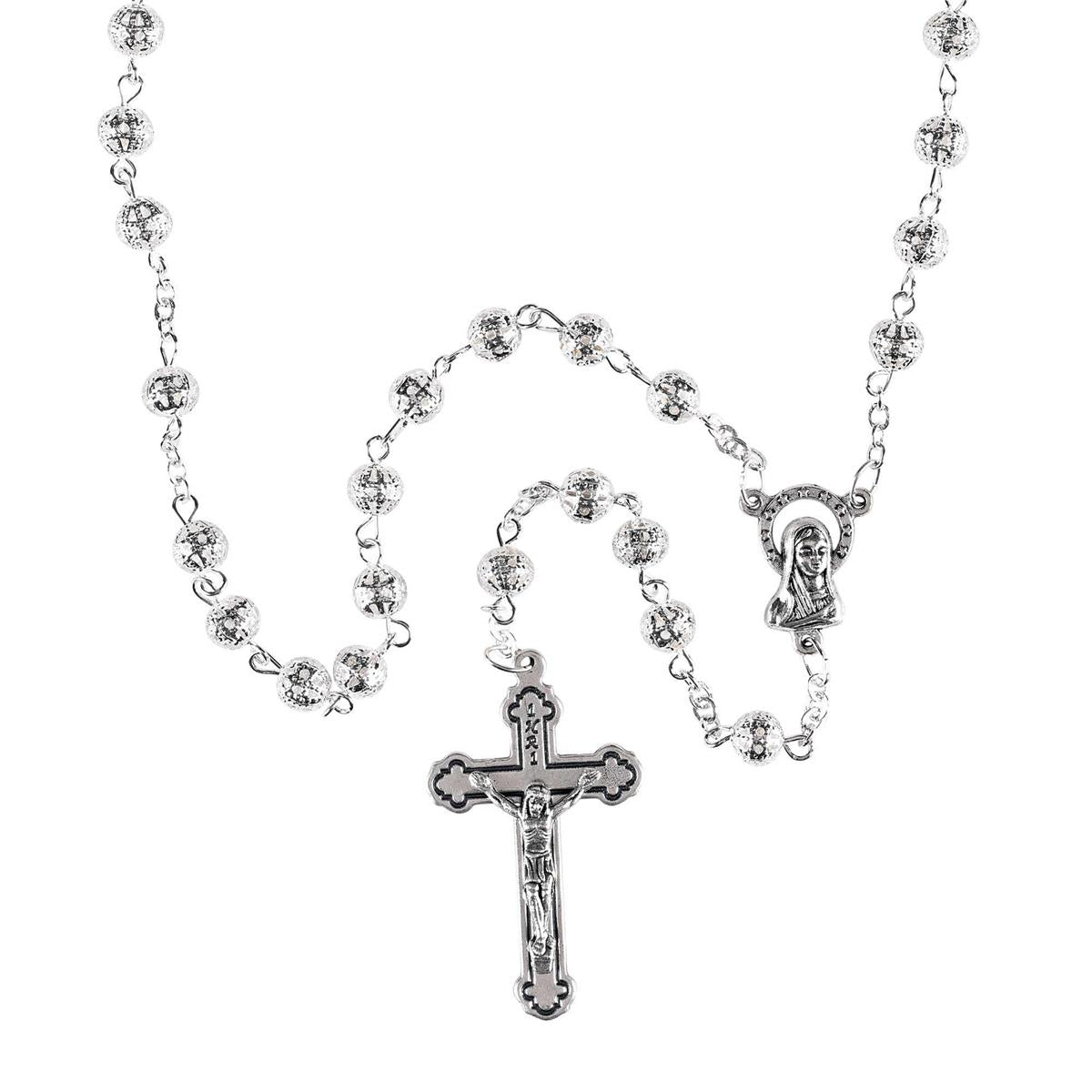 Elegant Silver-Plated Filigree Metal Bead Rosary Necklace Classic Crucifix by Dicksons