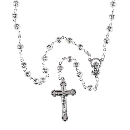 Elegant Silver-Plated Filigree Metal Bead Rosary Necklace Classic Crucifix by Dicksons