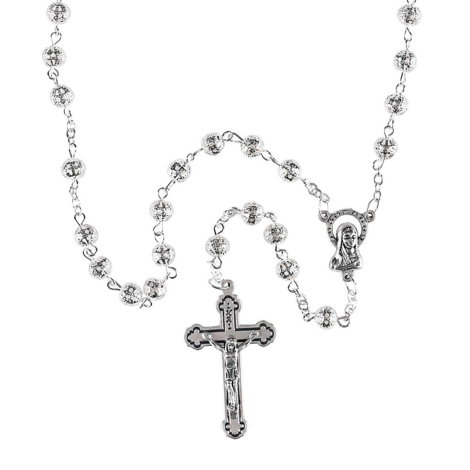 Elegant Silver-Plated Filigree Metal Bead Rosary Necklace Classic Crucifix by Dicksons