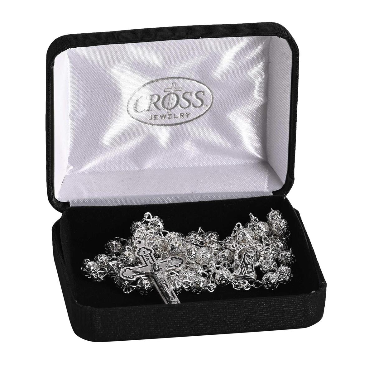 Elegant Silver-Plated Filigree Metal Bead Rosary Necklace Classic Crucifix by Dicksons, product view 2