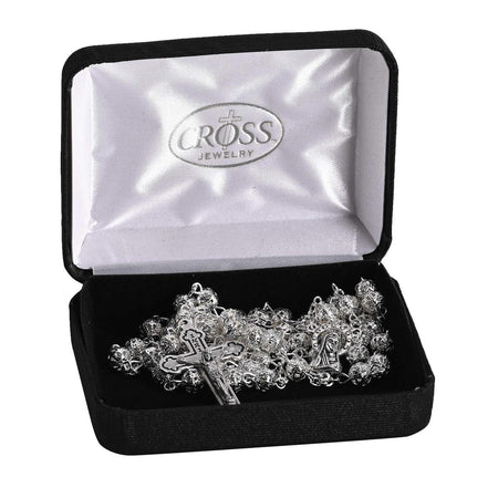 Elegant Silver-Plated Filigree Metal Bead Rosary Necklace Classic Crucifix by Dicksons, product view 2