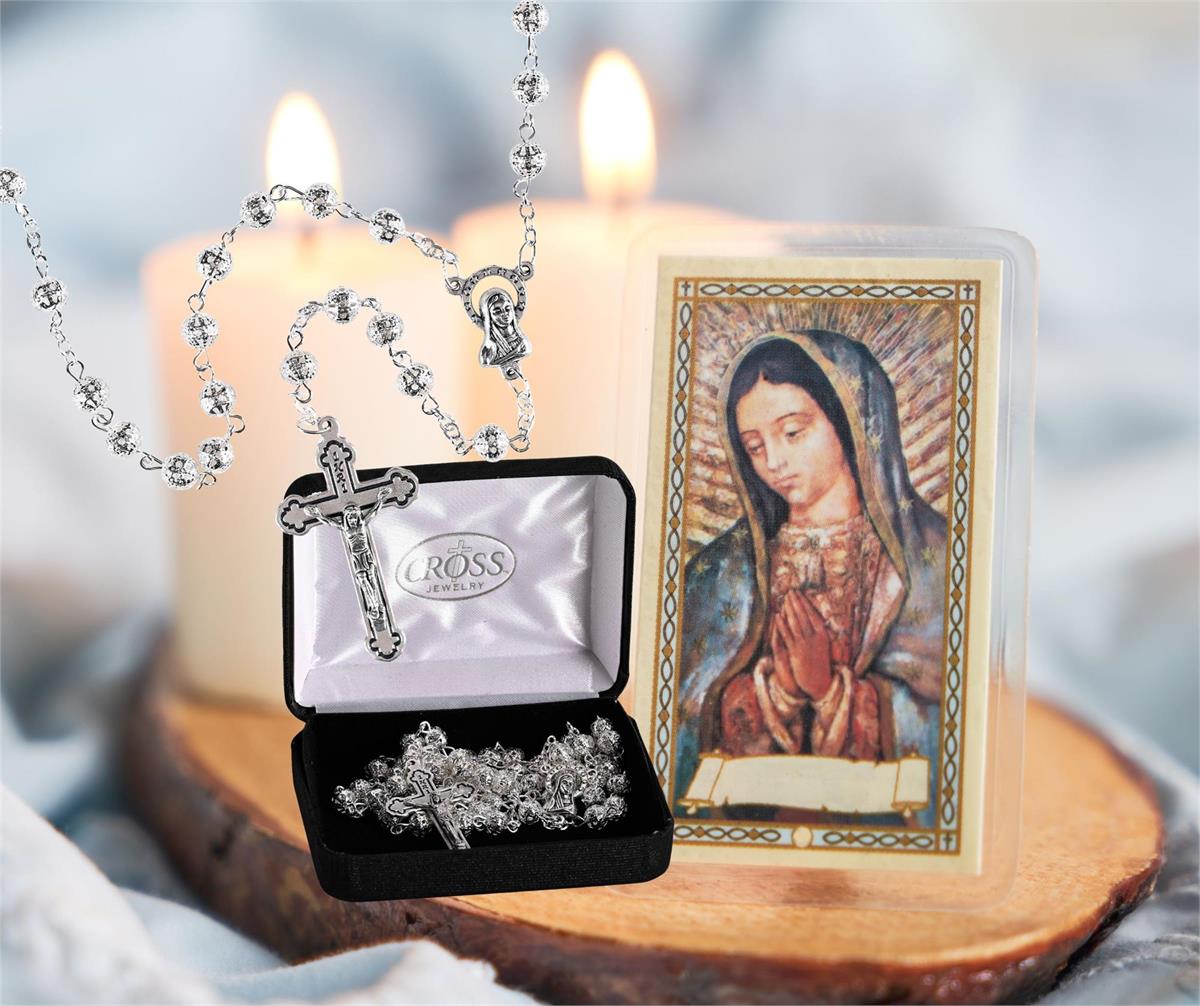 Elegant Silver-Plated Filigree Metal Bead Rosary Necklace Classic Crucifix by Dicksons, product view 3