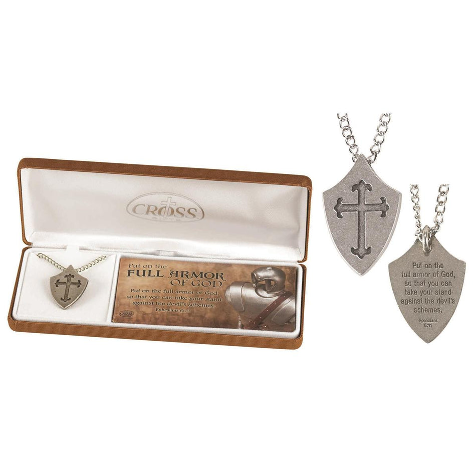 Necklace shield with Cross Eph6:11 Pwt-24"ch Black Bx by Dicksons
