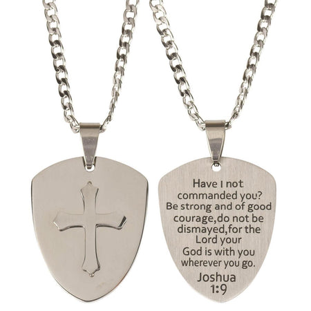 Necklace joshua 1:9 Shield/Cross Stainless Steel 24"CH by Dicksons