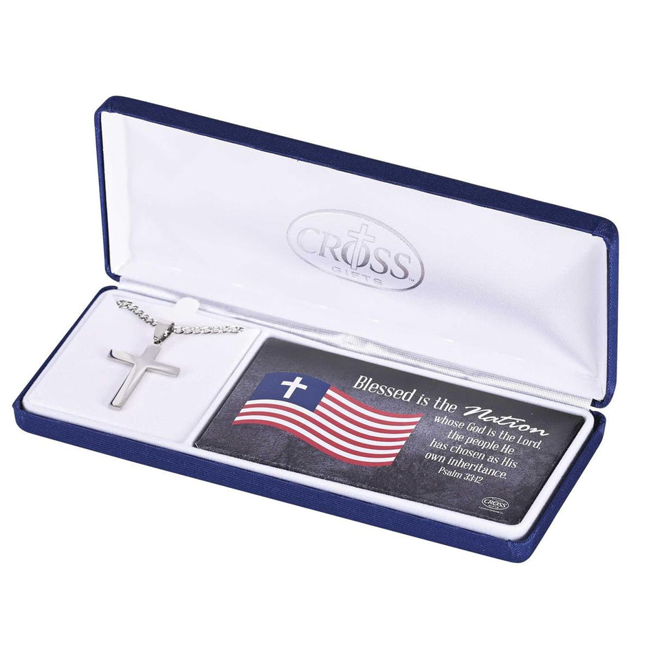 Psalm 33:12 Blessed Nation Cross Silver 24 Inch Stainless Steel Necklace by Dicksons