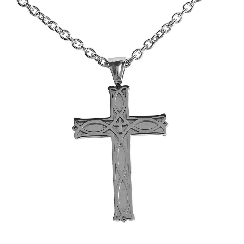 Celtic Bud Christian Fish Cross, Silver Tone, 24 Inch, Stainless Steel by Dicksons