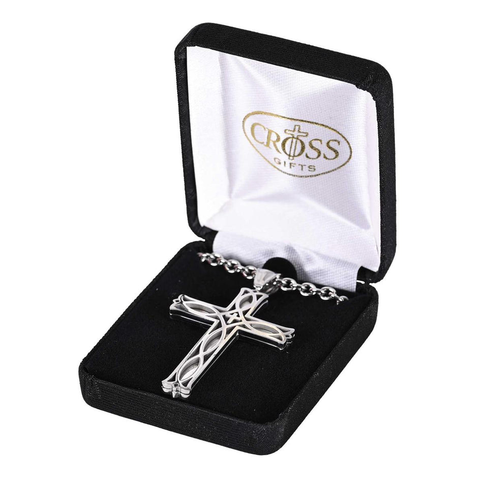 Celtic Bud Christian Fish Cross, Silver Tone, 24 Inch, Stainless Steel by Dicksons, product view 2