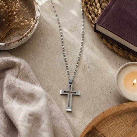 Necklace Mens Steel Cutout Cross 24H by Dicksons, product view 6