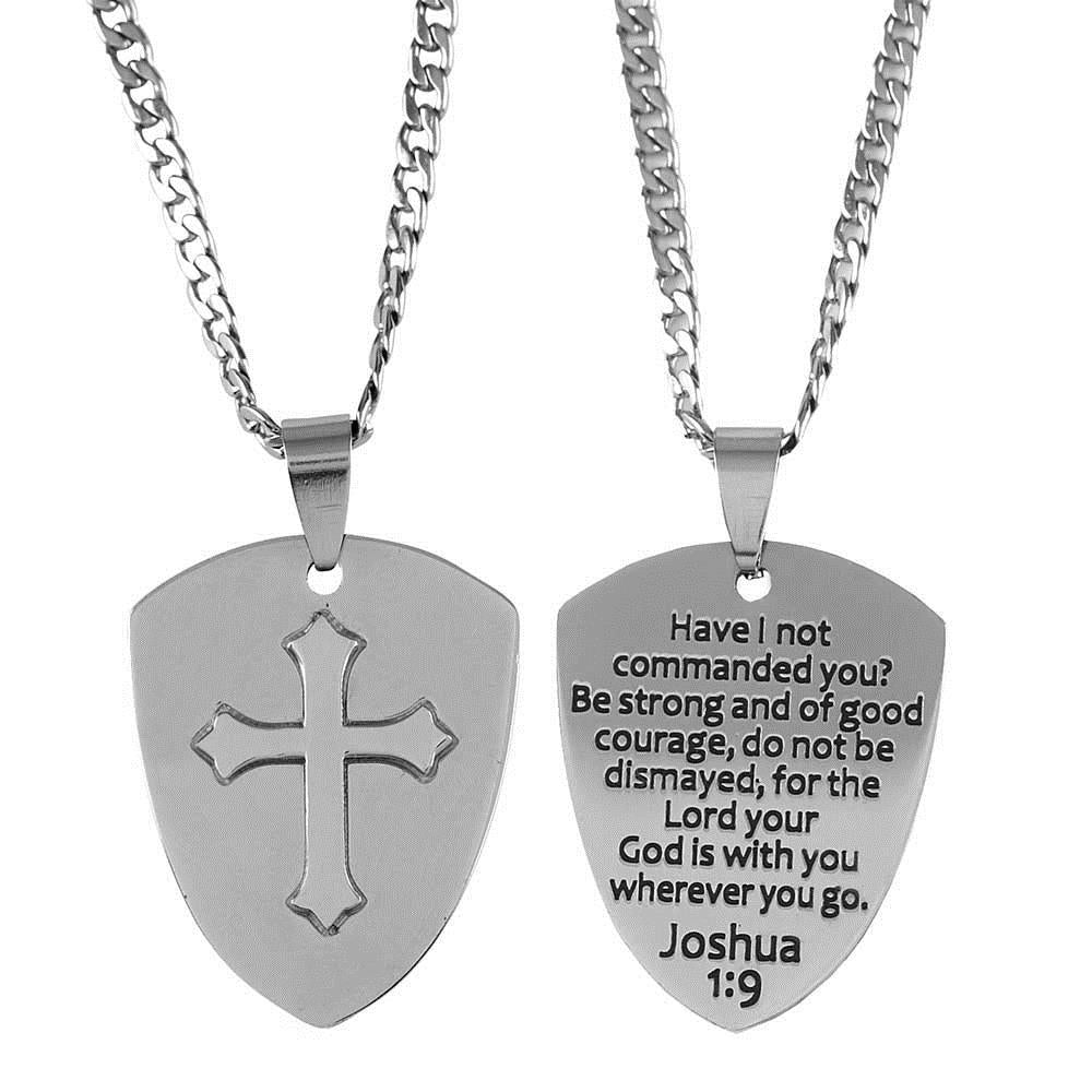 Necklace Josh 1:9 Shield/Cross Stainless Steel 24"CH by Dicksons