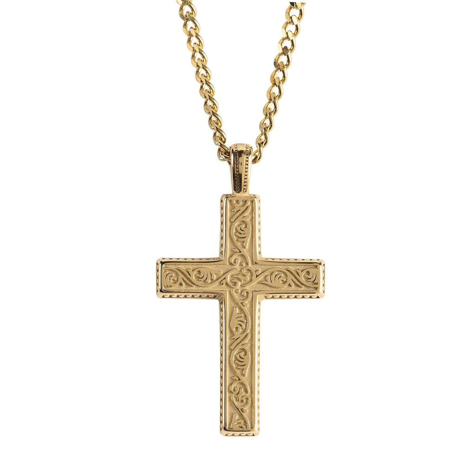 1.75 Inch Scroll Engraved Cross Charm - 24 Inch Gold Plated Stainless Steel by Dicksons