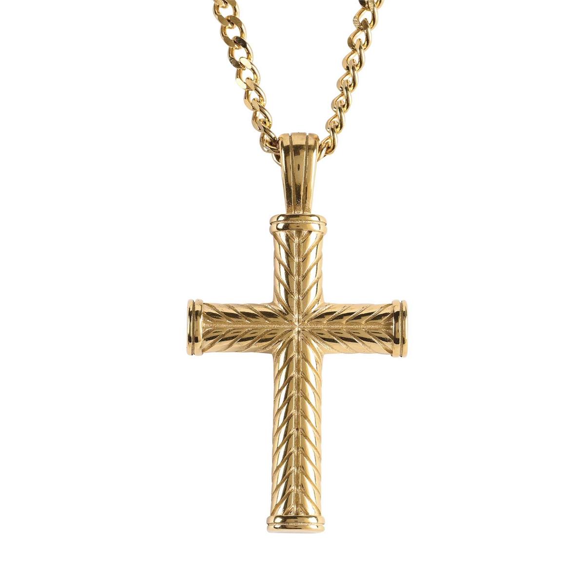 1.75 Inch Herringbone Cross Charm - 24 Inch Gold Plated Stainless Steel Curb by Dicksons