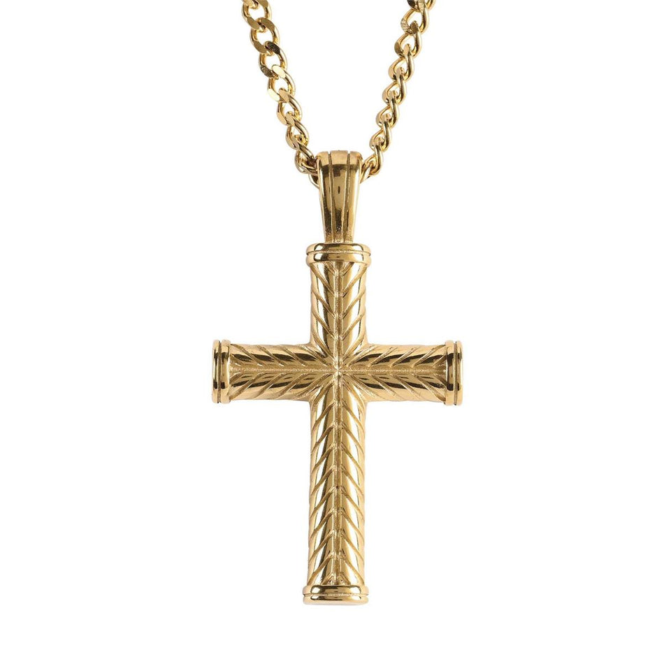 1.75 Inch Herringbone Cross Charm - 24 Inch Gold Plated Stainless Steel Curb by Dicksons