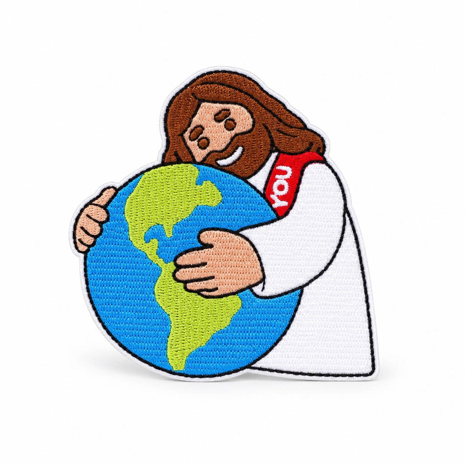 Jesus Hugs the World Embroidered Iron-On Patch - Pack of 3 by Swanson Christian Products, product view 2