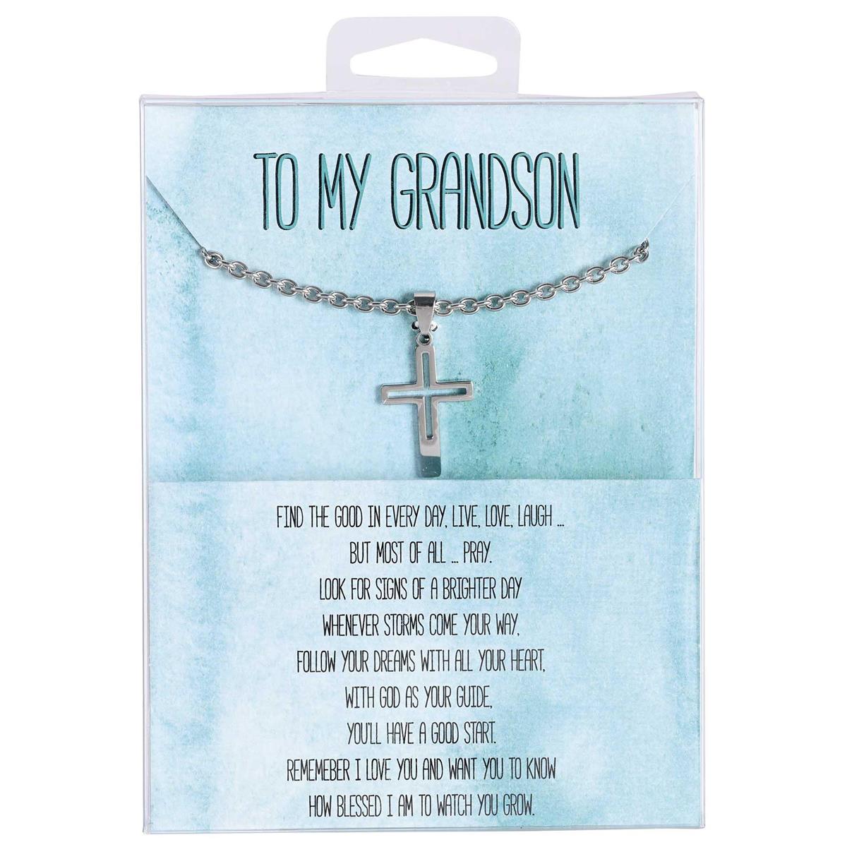 To My Grandson Cross Cutout Silver 18 Inch Stainless Steel Necklace by Dicksons