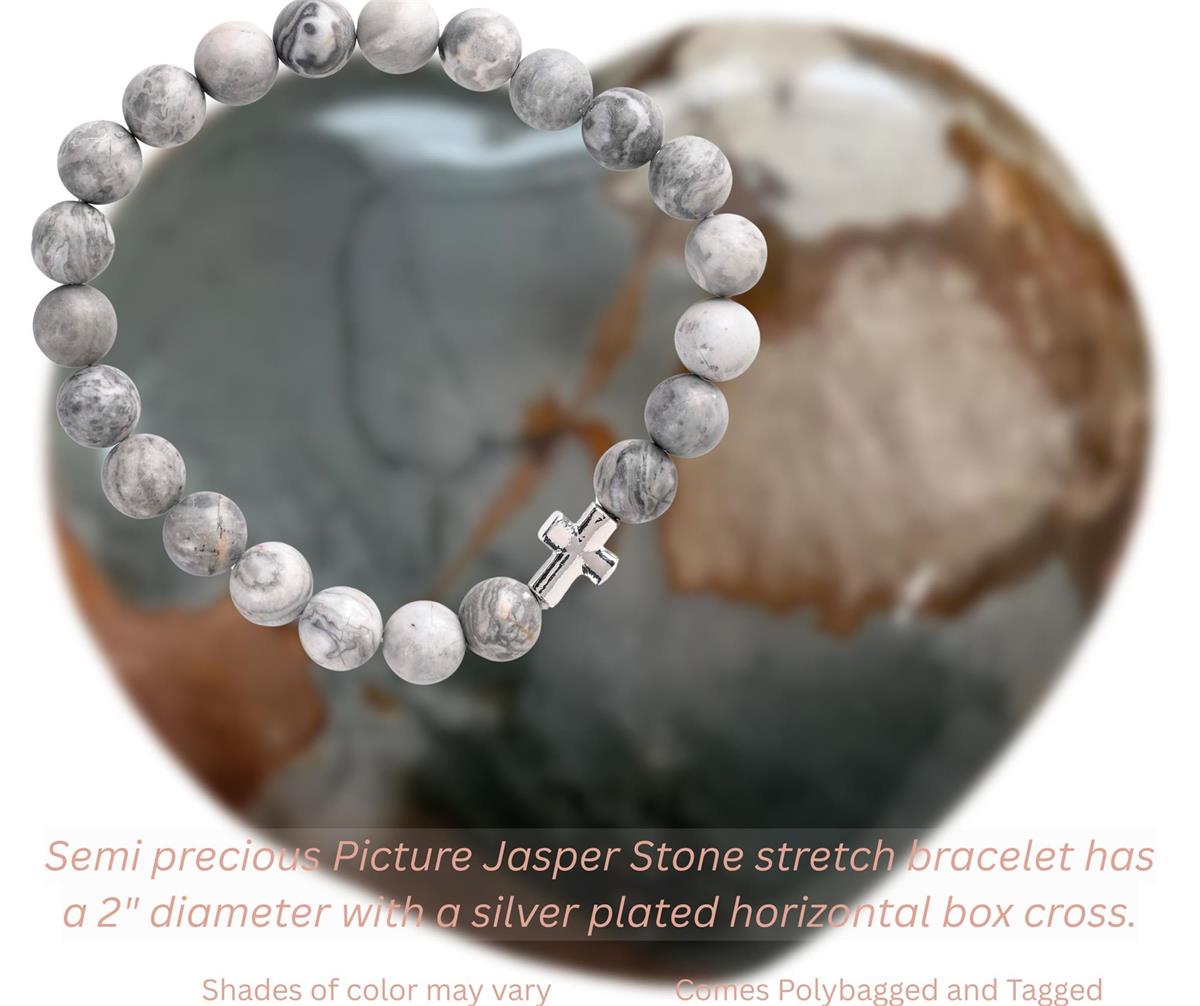 Jasper Stone Beaded Bracelet for Women Natural Grey & White Crystal Beads by Dicksons, product view 2