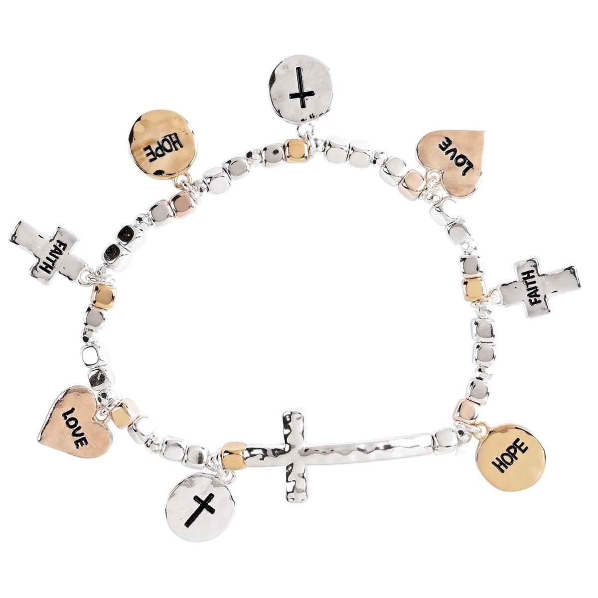 Faith Hope Love Engraved Charm Bracelet for Women Silver & Gold Tone Beads by Dicksons