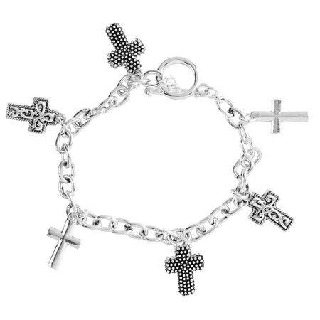 Multi-Cross Charm Bracelet for Women Assorted Silver Tone Crosses on Oval Link by Dicksons