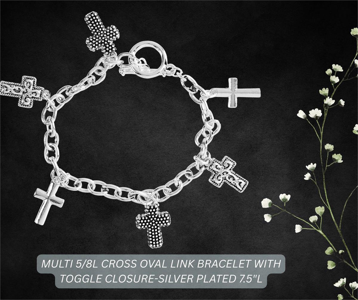Multi-Cross Charm Bracelet for Women Assorted Silver Tone Crosses on Oval Link by Dicksons, product view 2