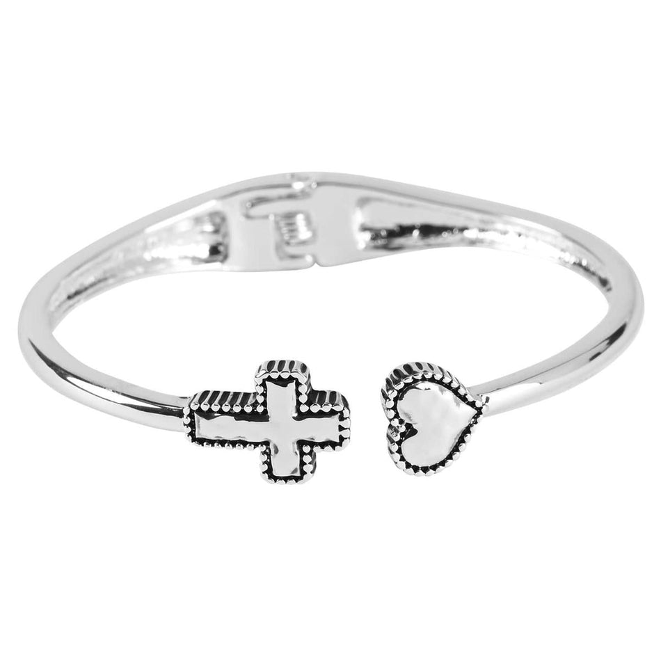 Silver Plated Heart and Cross Hinged Bangle Bracelet Devotional Cuff Jewelry by Dicksons