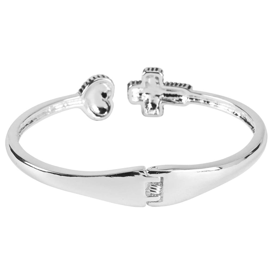 Silver Plated Heart and Cross Hinged Bangle Bracelet Devotional Cuff Jewelry by Dicksons, product view 2