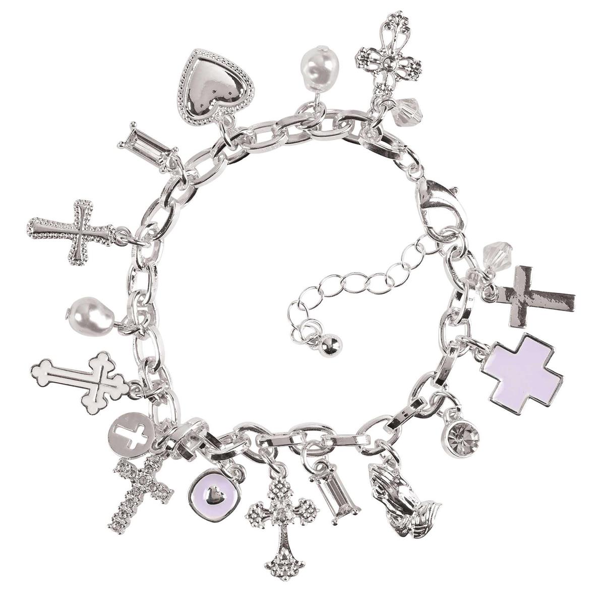 Elegant Multi-Cross Charm Bracelet for Women Silver-Tone Chain Link with Heart by Dicksons