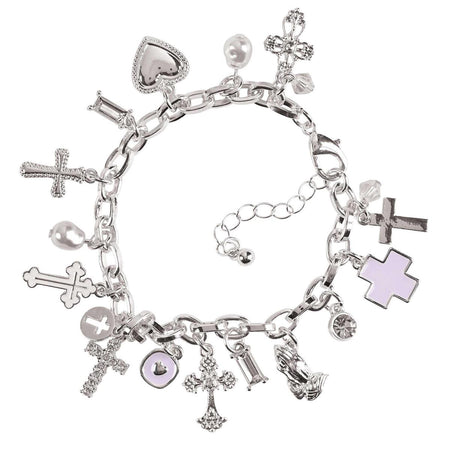 Elegant Multi-Cross Charm Bracelet for Women Silver-Tone Chain Link with Heart by Dicksons