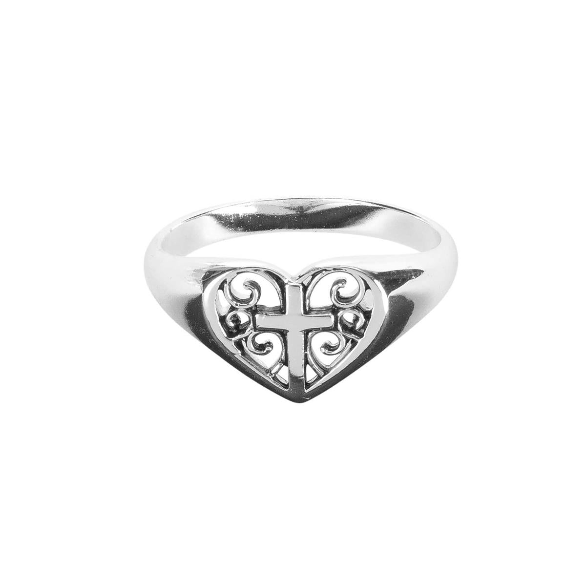 Open Filigree Heart with Cross Silver Plated Metal Women's Fashion Ring by Dicksons, product view 2