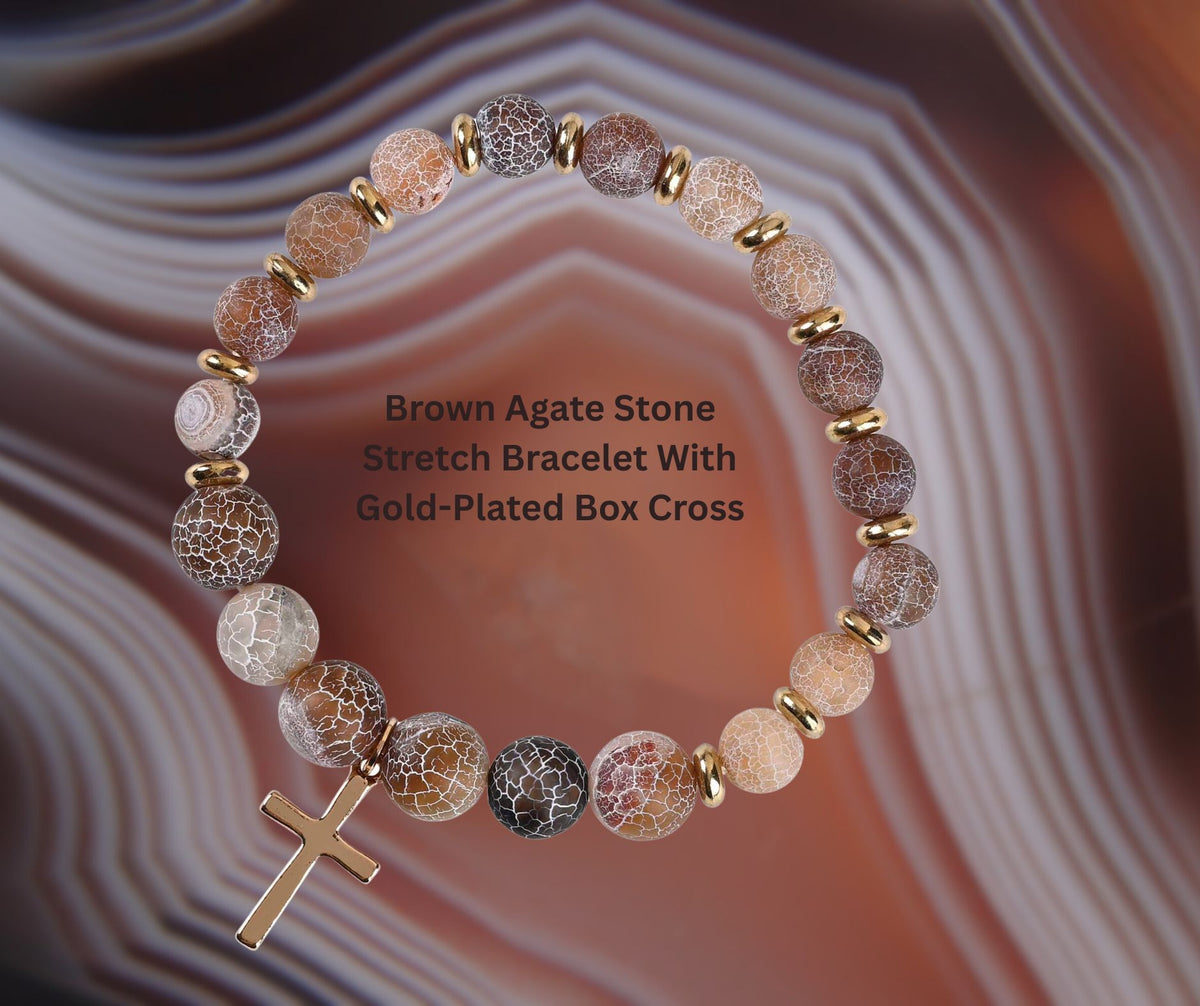 Natural Brown Agate Stone Beaded Stretch Bracelet Earthy Crackle Finish by Dicksons, product view 2