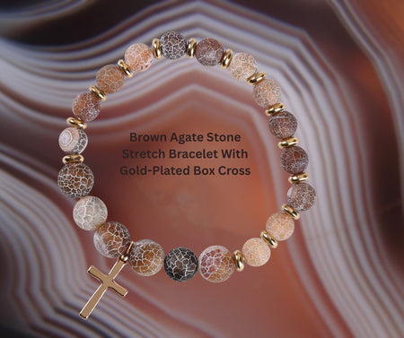 Natural Brown Agate Stone Beaded Stretch Bracelet Earthy Crackle Finish by Dicksons, product view 2