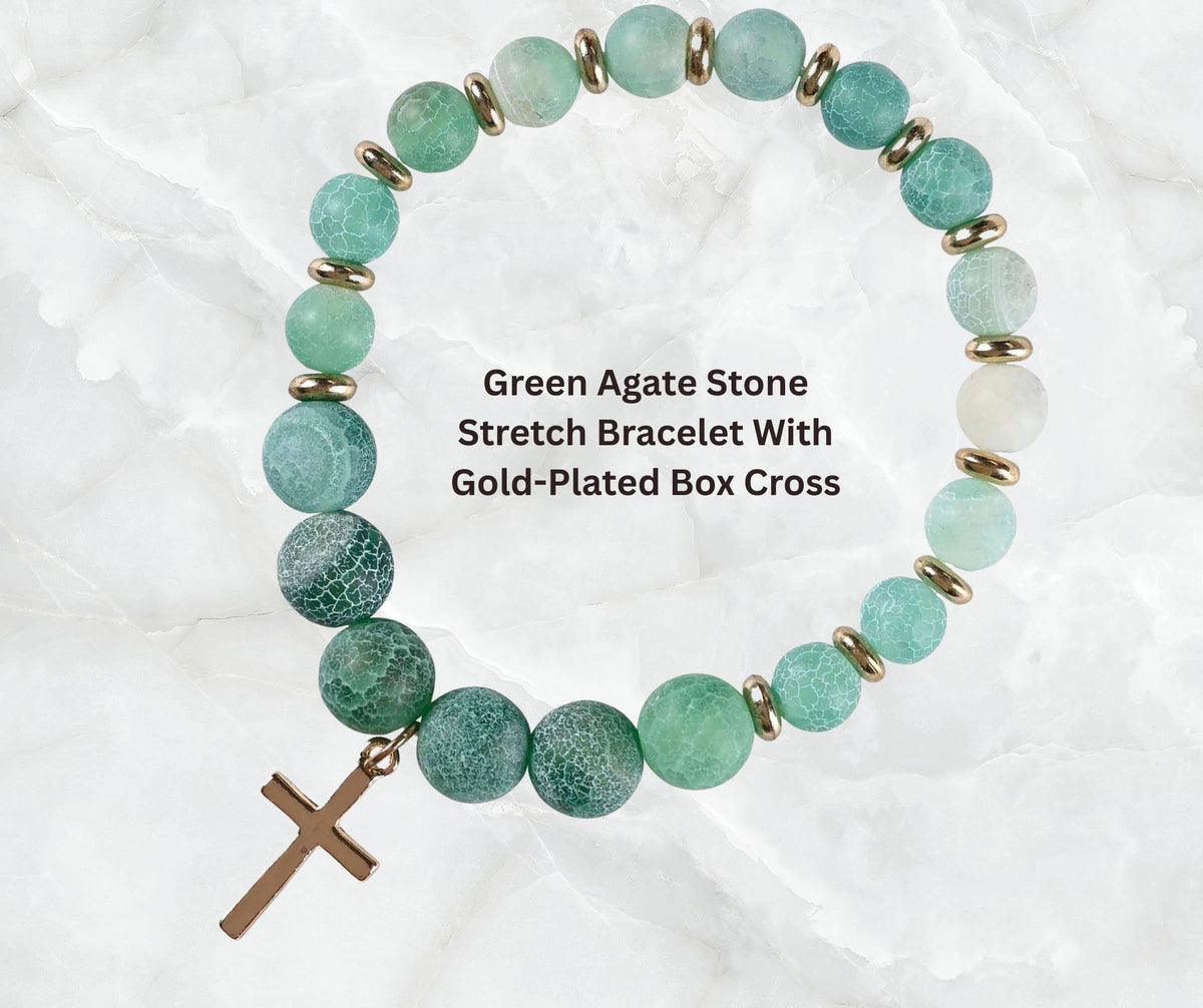 Natural Green Agate Stone Beaded Stretch Bracelet Earthy Crackle Finish by Dicksons, product view 2