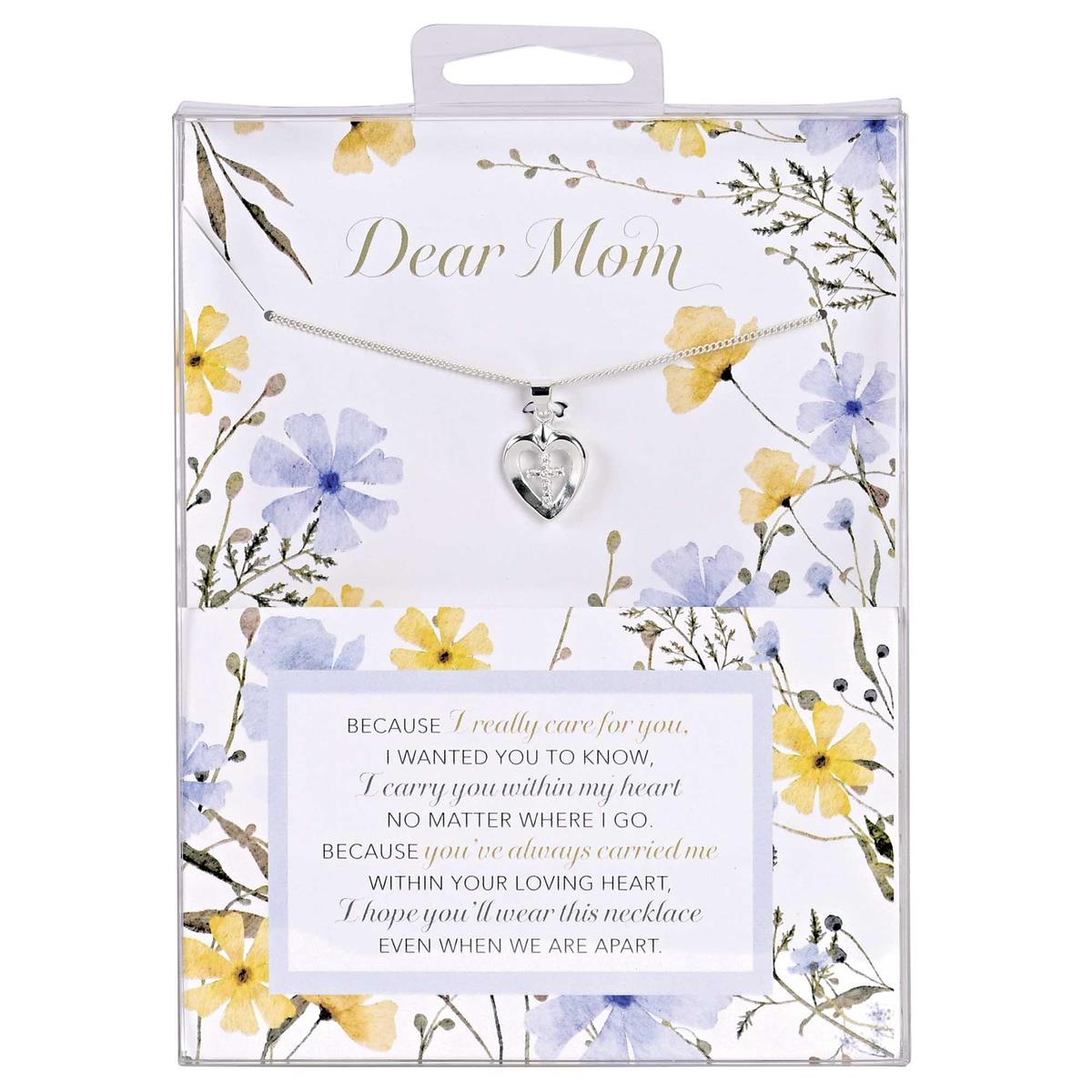 Dear Mom Heart Necklace with Cubic Zirconia Cross Accent Heartfelt Silver-Tone by Dicksons