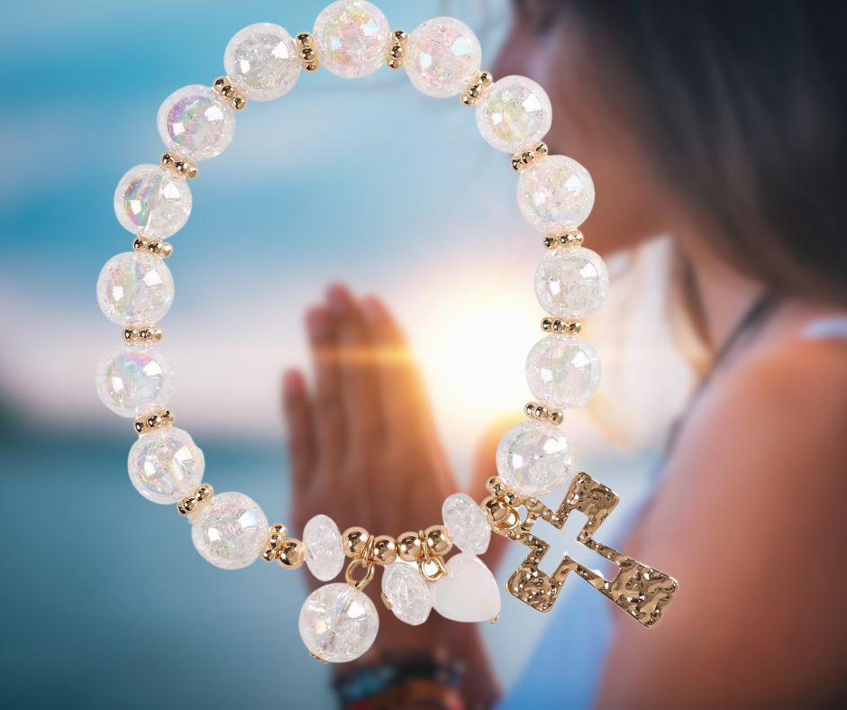 Stretch Bracelet Cutout Cross White Bead by Dicksons, product view 2