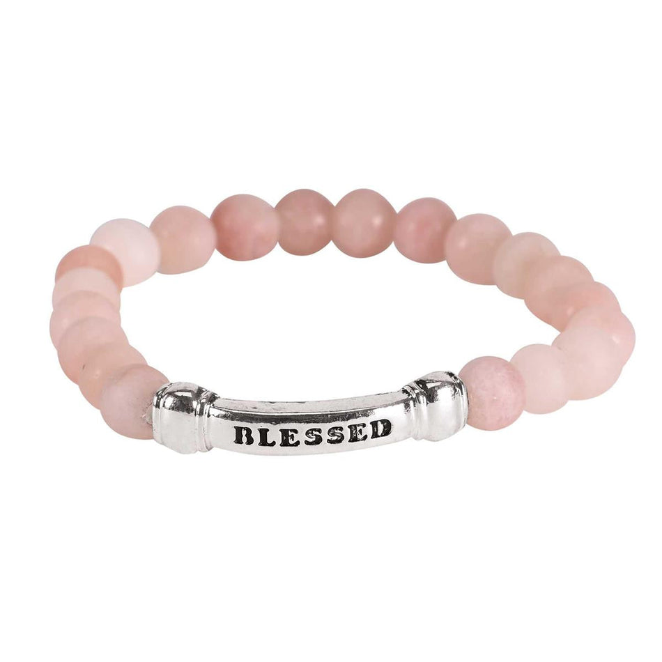 Blessed Engraved Bar Rose Quartz Stone Beaded Bracelet for Women Natural Pink by Dicksons