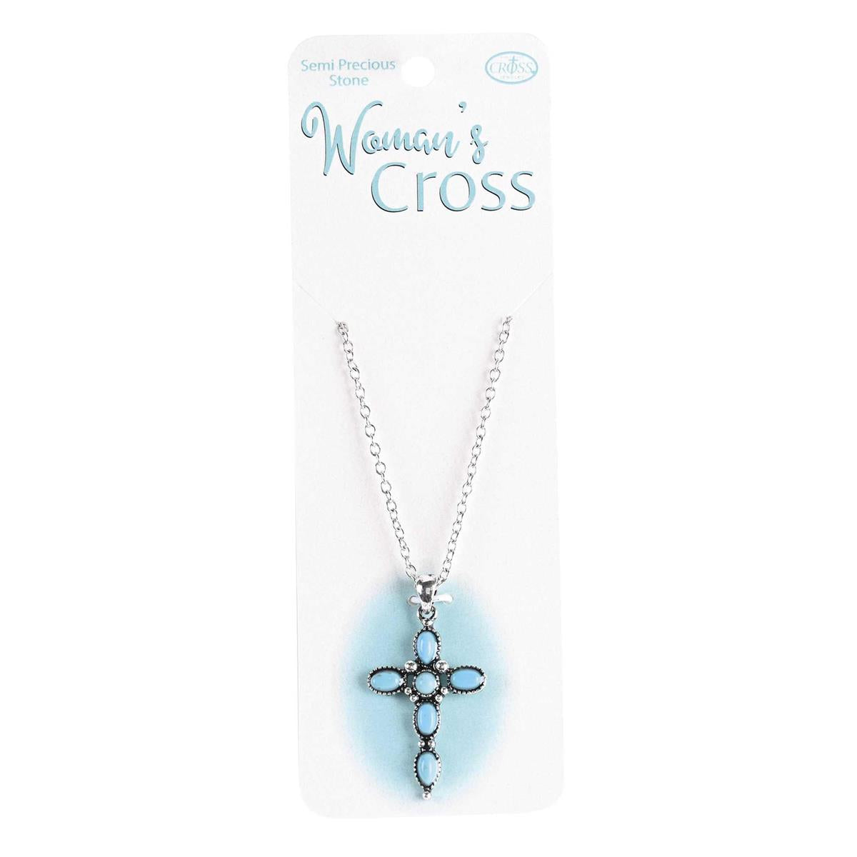 Woman's Turquoise Stone Petal Cross Necklace 16-Inch Silver Tone Chain by Dicksons