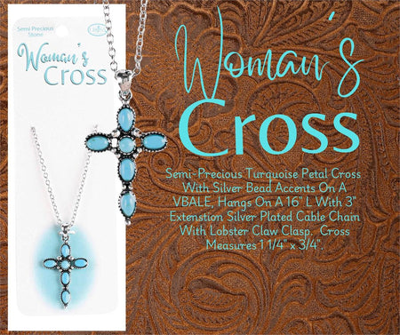 Woman's Turquoise Stone Petal Cross Necklace 16-Inch Silver Tone Chain by Dicksons, product view 3