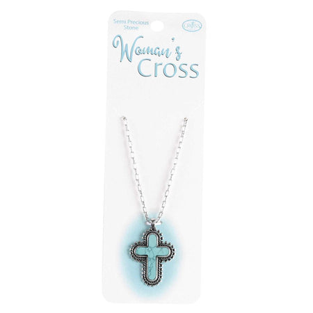 Woman's Turquoise Stone Petal Cross Necklace 18-Inch Silver Tone Chain by Dicksons