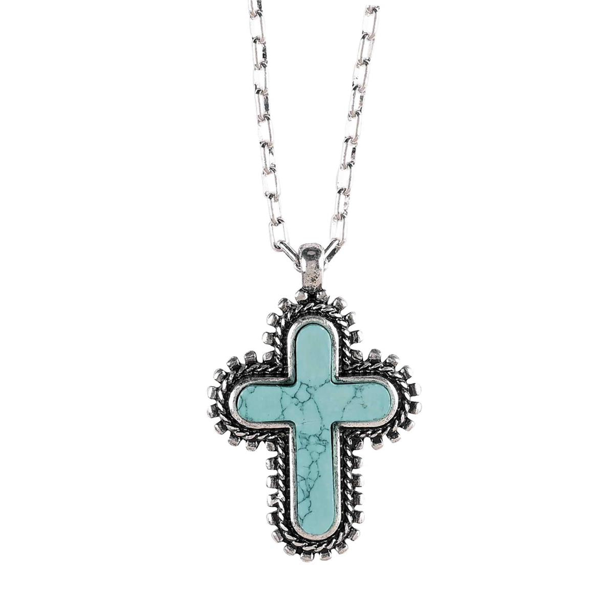 Woman's Turquoise Stone Petal Cross Necklace 18-Inch Silver Tone Chain by Dicksons, product view 2