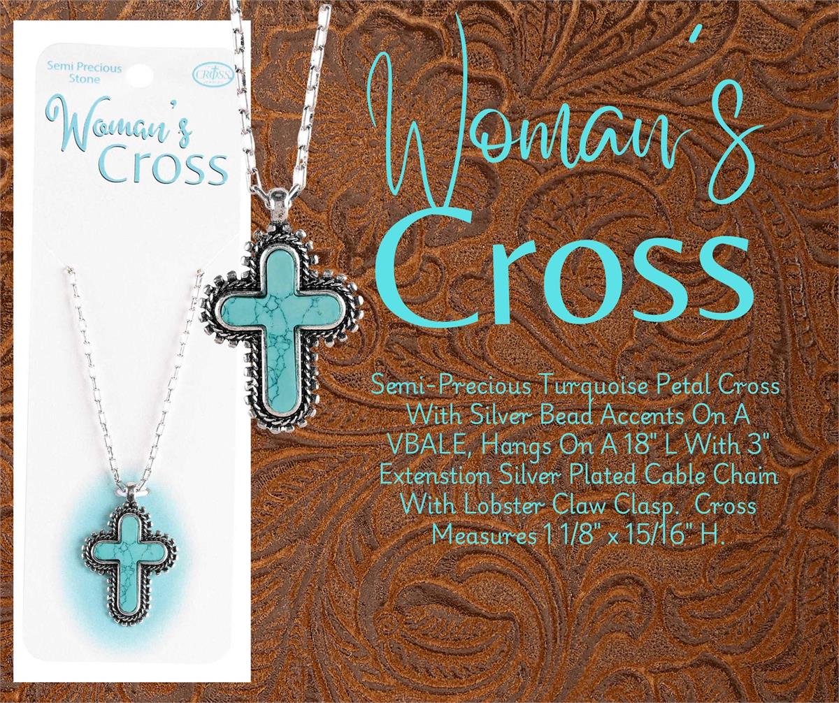 Woman's Turquoise Stone Petal Cross Necklace 18-Inch Silver Tone Chain by Dicksons, product view 3