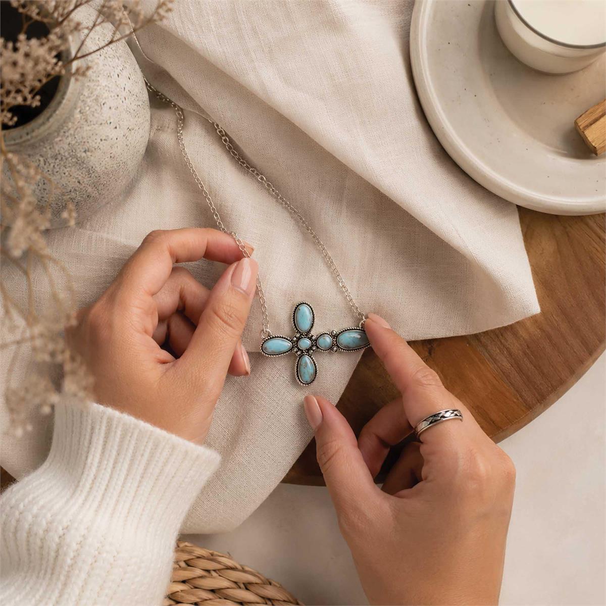 Necklace Sideway Cross Semi Turquoise19H by Dicksons, product view 5