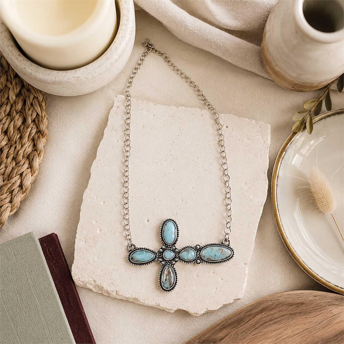 Necklace Sideway Cross Semi Turquoise19H by Dicksons, product view 6