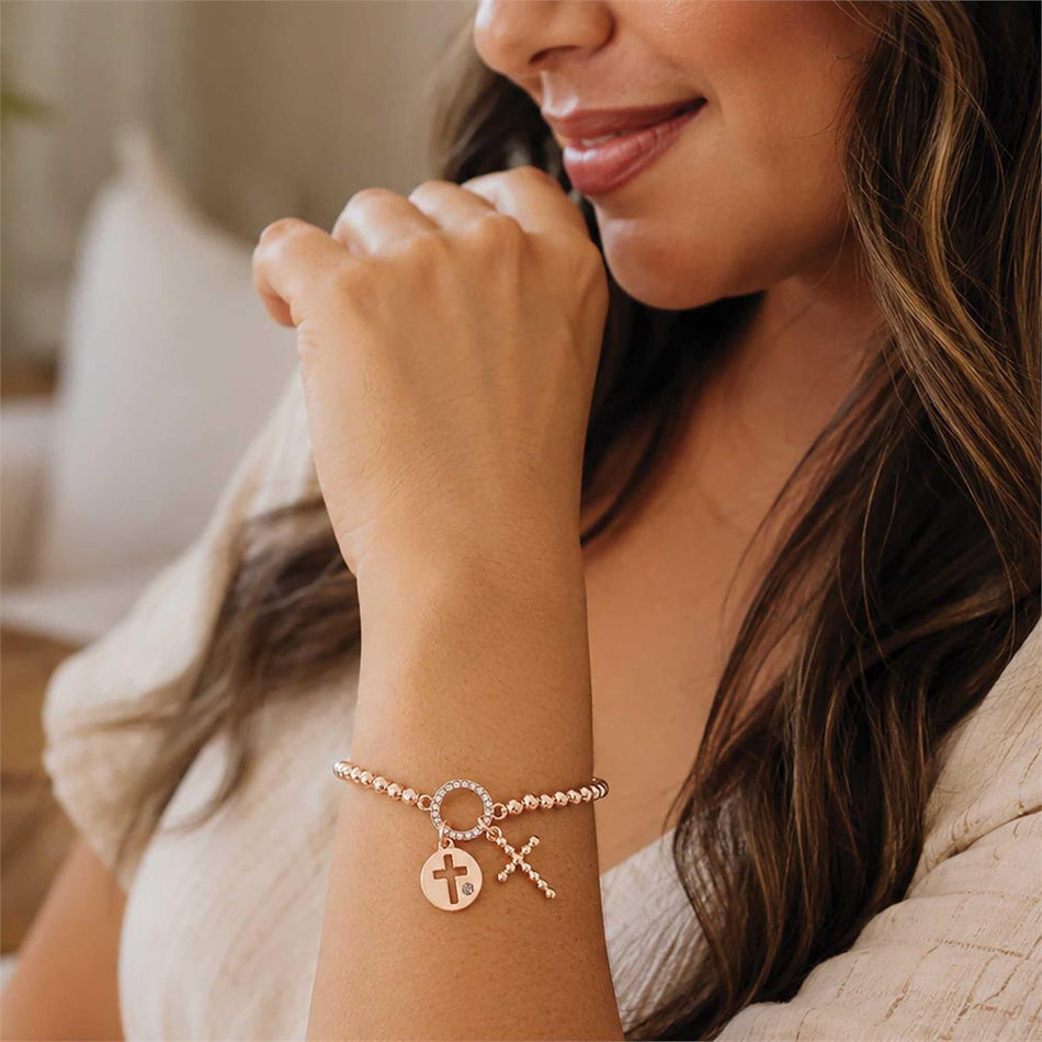 Bracelet Gold Beaded Dainty Cross 2.5D by Dicksons, product view 2