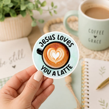 STICKER VINYL JESUS LOVES YOU A LATTE PK5