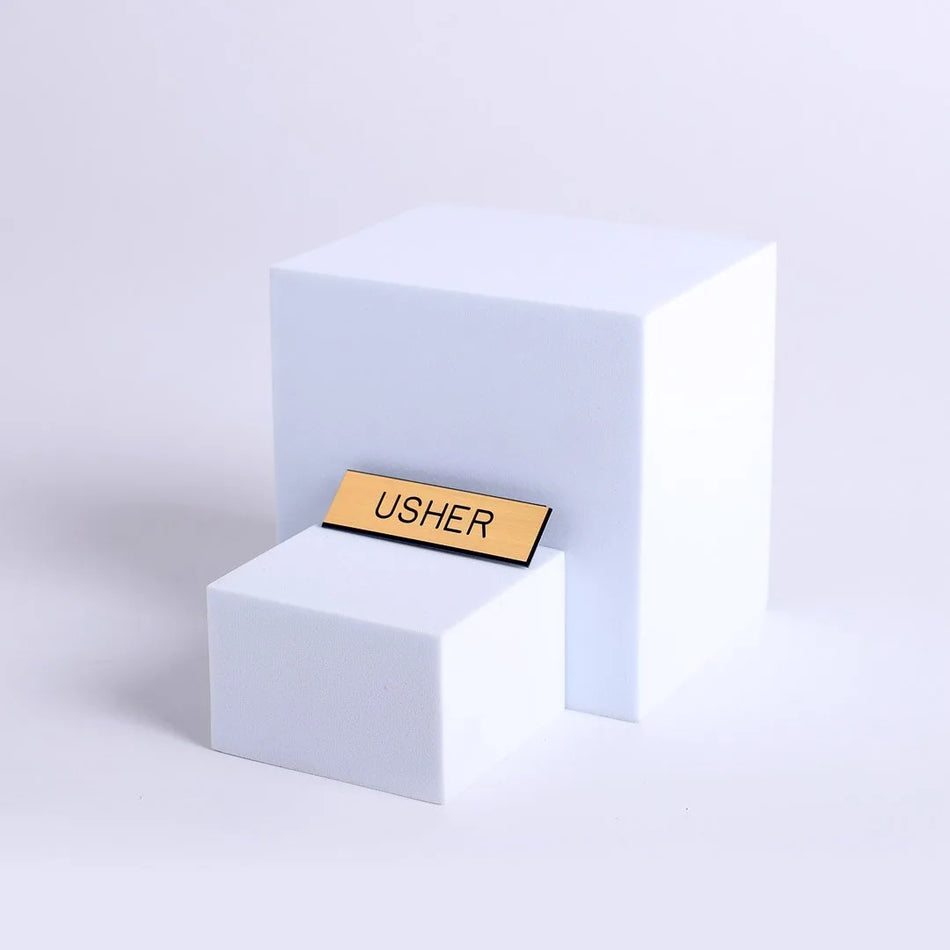 Gold or Black Badge - Engraved "Usher" - Choose Fastener Type