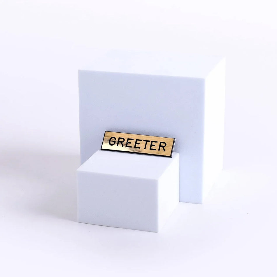 Badge Engraved Greeter Gold Safety Catch by Swanson Christian Products, product view 2